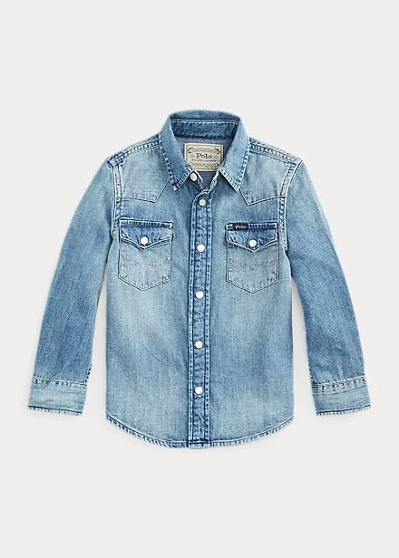 Cotton Denim Western Shirt Western Style Blue Denim Shirt, Ralph Lauren Denim Shirt, Western-themed Cotton Shirt With Button Closure, Denim 24/7 Shirts, Western Denim Shirt, Button Outfit, Western Shirts, Down Shirt, Boy's Clothing