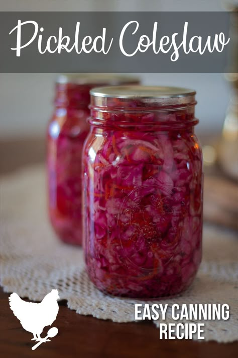 Pickled Coleslaw, Pickle Slaw Recipe, Canning Cabbage, Tomato Chips, High Acid Foods, Pickled Red Cabbage, Easy Canning, Pressure Canning Recipes, Red Cabbage Slaw