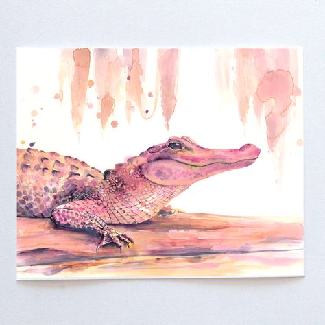 Alligators Art, Pink Alligator, Watercolor Fine Art, Delicate Watercolor, Alligator Print, For The Record, Photography Illustration, Local Art, Textile Artists