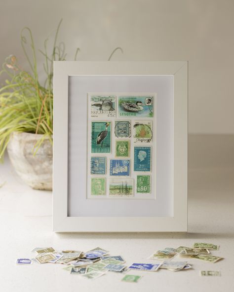 I'm obsessed with stamps at the moment and their little glimpses into the past. I didn't want to display them in albums, where they wouldn't be seen, so instead I turned them into beautiful works of art! What started as one for myself, has launched a whole shop on Etsy. Framed Stamps Postage Art, Stamp Display Ideas, Art With Postage Stamps, Vintage Stamp Art, Stamp Collage Art, Framed Collage Art, Old Stamps Art Ideas, Framed Matchbooks, Postage Stamp Display