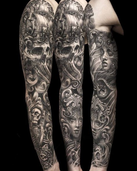 Pirate Sleeve With Ship & Skulls Pirate Tattoo Sleeve, Tattoo Pirate, Ship Tattoo Sleeves, Pirate Skull Tattoos, Voll Arm-tattoos, Nautical Tattoo Sleeve, Kraken Tattoo, Sailor Tattoos, Pirate Tattoo