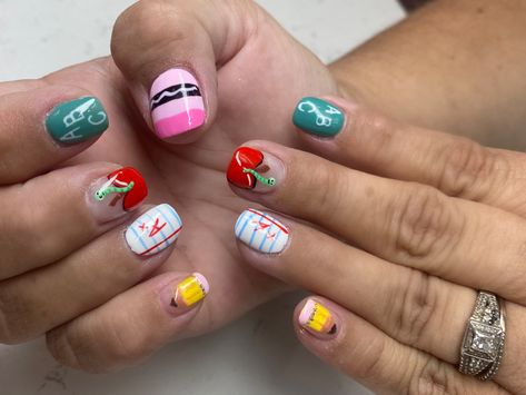 Teacher Graduation Nails, Back To School Gel Nails Ideas, Crayon Nail Art, Teacher Theme Nails, Teacher Inspired Nails, Back To School Manicure, Kindergarten Teacher Nails, Teacher Gel Nails, Teacher Acrylic Nails