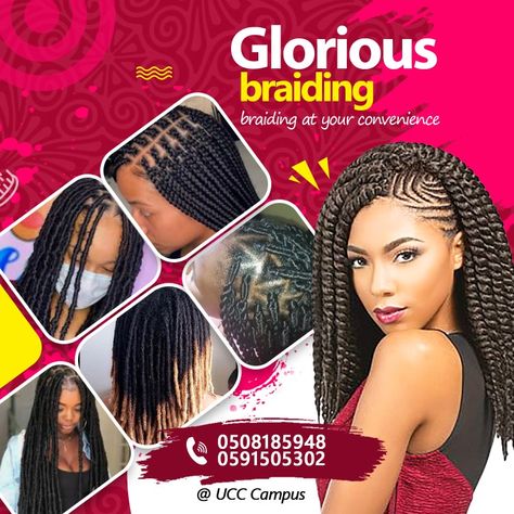 Glorious braiding, hair dressing Fashion Designer Template, Hair Dressing Salon Design, Hair Dressing Flyer Design, Braids Flyer Design, Hair Dressing Salon Ideas, Salon Poster Design, Hair Flyers Ideas, Offer Post Design, Hair Poster Design