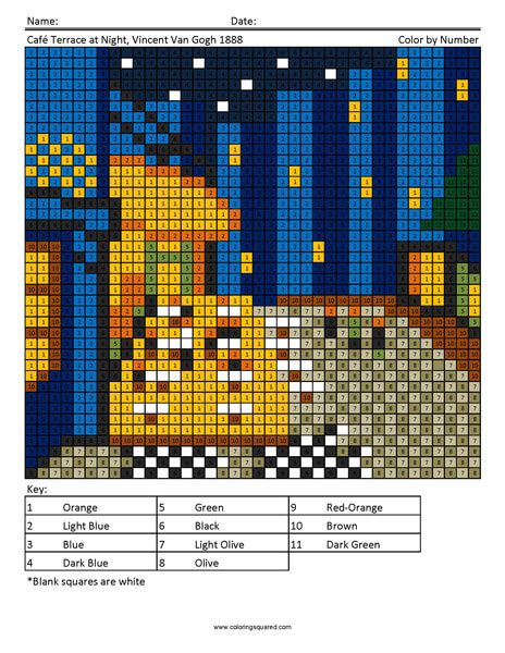 Click on the image to view the PDF. Print the PDF to use the worksheet. Cafe Terrace Coloring Page If you love paintings, try this coloring page based off of Vincent Van Gogh’s Cafe Terrace with a color by number activity …Read more › Van Gogh Pixel Art, Painting Pixel Art, Worksheet Coloring, Famous Artworks, Number Activity, Make Math Fun, Pixel Color, Cafe Terrace, Arte 8 Bits