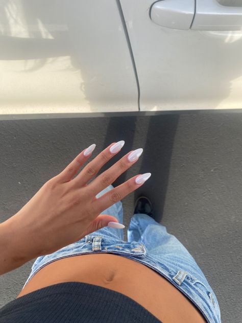 white nails, chrome nails, acrylics, donut glaze nails, candy glaze nails, nail inspo, long nails Chrome Donut Nails, Milky Chrome Almond Nails, Chrome Nails Designs White, Glazed Nails White, White Donut Glaze Nails, Glaze Acrylic Nails, Sheer White Chrome Nails, Almond Acrylic Nails Milky White, White French Tip Summer Nails