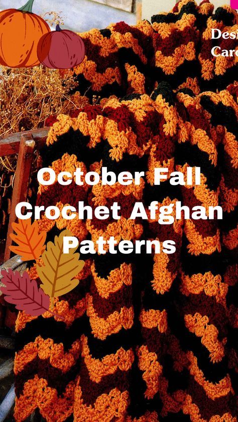 Crochet Fall Colors Blanket, Crochet Afghan Fall Colors, Afghan Crochet Patterns Easy Stitches, Black And Orange Crochet Blanket, Fall Themed Crochet Blankets, Fall Crochet Blanket Ideas, Fall Crochet Afghans, Crochet Fall Blanket Pattern, Autumn Afghan Crochet Patterns