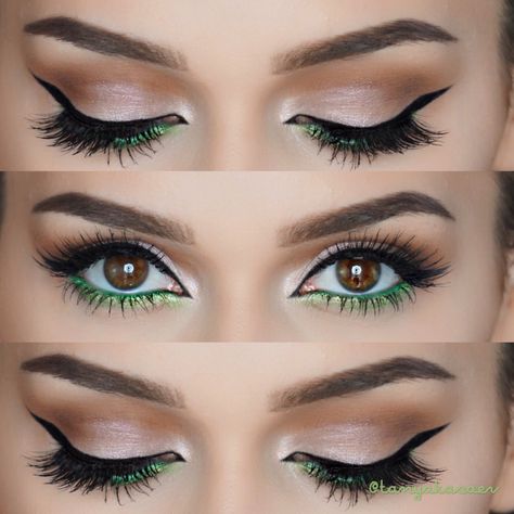 Green Makeup Looks For Blue Eyes, Green Accent Eye Makeup, Brown Eyeshadow With Green Under Eye, Dark Green Eye Makeup Natural, Emerald Makeup Look Brown Eyes, Green And Silver Eyeshadow Looks, Green And Gold Makeup Looks Simple, Green Natural Makeup Look, Eyeshadow To Match Green Dress