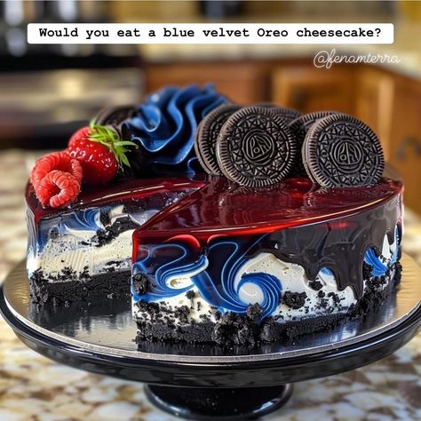 Would you eat a blue velvet Oreo cheesecake? Colorful Desserts, Birthday Cake For Him, Candy Drinks, Blue Food Coloring, Elegant Desserts, Milkshake Recipes, Blue Food, Oreo Cheesecake, Smoked Food Recipes