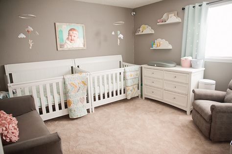 Bunny Nursery Boy, Twin Baby Beds, Triplets Nursery, Nursery Ideas Girl Pink, Twin Baby Rooms, Gray Nursery Girl, Cloud Shelves, Small Room Nursery, Gender Neutral Baby Room