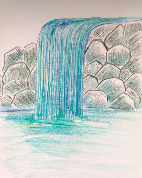 Waterfall retro style in colored pencil, crayon, and oil pastel. #waterfall #art #artist Waterfall Sketch Pencil, Waterfall Drawing Easy, Waterfall Sketch, Waterfall Drawing, Waterfall Art, Crayon Drawings, Pencil Crayon, Water Art, Art Club