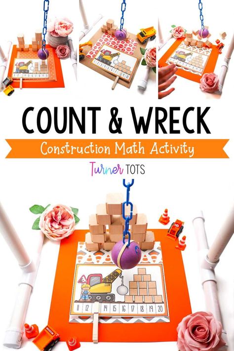 This construction themed math center will thrill your students! To create this construction counting activity, we used PVC pipe to create a wrecking ball, which goes perfectly with a construction theme! Your preschoolers will choose a printable tower card and create the tower as shown. Once the tower is built it’s time to smash it with the wrecking ball. A toddler’s dream! This Count & Wreck activity may just become a classroom favorite. Get the printable tower counting cards today! Simple Machine Theme For Preschool, Buildings Lesson Plan Preschool, Preschool Blueprints, Buildings Study Creative Curriculum, Construction Lesson Plans Preschool, Construction Activities For Preschoolers, Building Study Creative Curriculum, Sentra Balok, Construction Activities Preschool