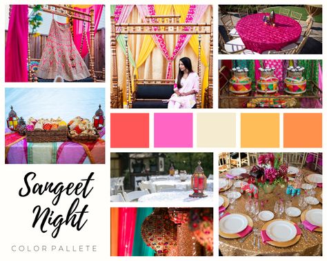 An Indian wedding color palette & style board, the perfect decor for a sangeet or pre-wedding event Sangeet Colour Palette, Mehendi Mood Board, Indian Wedding Palette, Haldi Color Palette, Sangeet Color Palette, Indian Wedding Theme Ideas Color Schemes, Indian Wedding Color Palette, Indian Wedding Mood Board, Wedding Mood Board Color Palettes