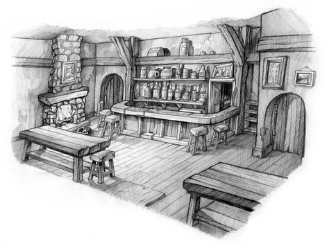 Bar/Tavern interior scene - Polycount Forum Tavern Concept Art Interior, Tavern Sketch, Tavern Drawing, Pub Drawing, Tavern Interior, Taverna Medieval, Perspective Drawing Architecture, Scene Drawing, Medieval Houses