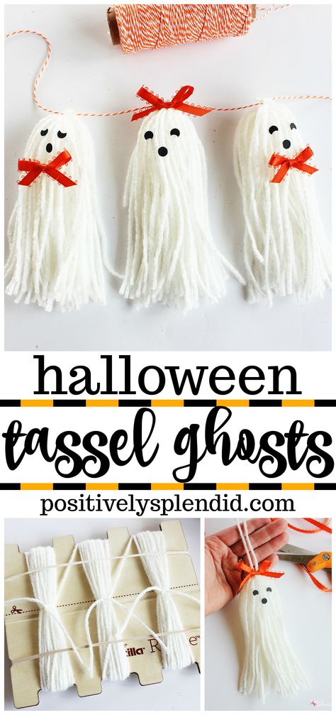 Tassel Ghosts--Easy and Adorable Halloween Craft Idea! Yarn Ghosts, Halloween Ribbon Wreath, Halloween Craft Idea, Halloween Embellishments, Wings Tutorial, Character Crochet, Halloween Basket, Diy Halloween Wreath, Easy Diy Wreaths