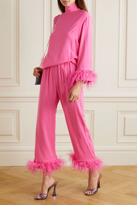 Fancy Feather Pajamas for Holiday Parties! - Kelly Golightly Sleeper Feather Pajamas Outfit, Silk Pajamas With Feathers, Feather Pjs, Satin Pajamas With Feathers, Feather Trim Pajamas, Feather Pajamas, Planning 2023, Fuzzy Heels, Pyjama Trend