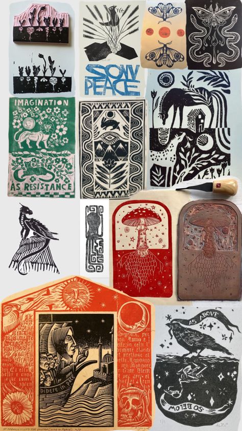 Linocut and wood block prints with good contrast Wood Block Print Art, Linocut Prints Ideas, Block Printing Fox, Lino Portraits Linocut Prints, Wolf Linocut, Tarot Lino Print, Block Print Art, Wood Block Prints, Wolf Block Print