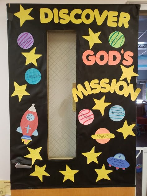 Outer Space Vbs Ideas, Outer Space Classroom Door Ideas, Outer Space Bulletin Board Ideas, Christian Classroom Decor Themes, Space Door Decorations, Space Aesthetic Classroom, Christian Classroom Themes, Outer Space Decorations Classroom, Space Theme Door Decorations