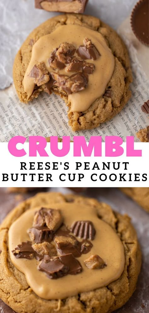 Crumbl Peanut Butter Cup Cookies, Peanut Butter Cheesecake Cookies, Crumble Peanut Butter Cookies, Crumbl Peanut Butter, Crumbl Recipes, March Cookies, Reese's Cookies, Reese's Peanut Butter Cup Cookies, Reeses Cookies