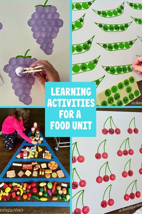 Four activities for a food unit: stamping grapes, pea pod sticker dots, food pyramid sort, dot marker cherries. Perfect for a preschool or kindergraten study of nutrition. Food Pyramid Preschool, Food Pyramid, Early Childhood Development, Dot Markers, Food Nutrition, Stem Education, Kids Learning Activities, Language Skills, Nutrition Recipes