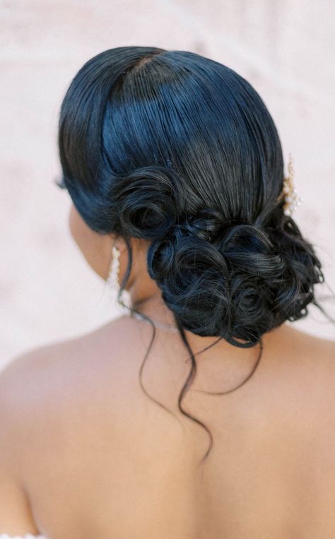 Wedding Bridesmaid Hair Black Women, Back Bun Wedding Hair, Black Women Updos For Wedding, Braidmaids Hairstyles Ponytail, Elegant Wedding Hairstyles Black Women, Wedding Pinups Hairstyles Black Women, Wedding Updo For African American Hair, Low Bun Wedding Hair Black Bride, Bridal Pin Up Hairstyles Black Women