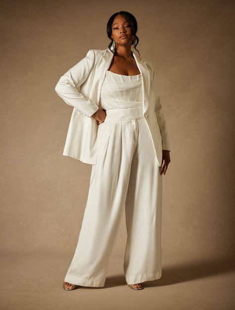 Plus Size Wedding Dress Roundup from ELOQUII Bridal - Ready To Stare // Plus Size White Suit White Bridal Pant Suit, Wedding Pant Suits For Women Bridal, Plus Size Bridal Suit, Bride Wedding Suit, Lesbian Wedding Outfits, Bridal Pant Suit, Wedding Suit Women, Plus Size Pant Suits, Bridal Pantsuit