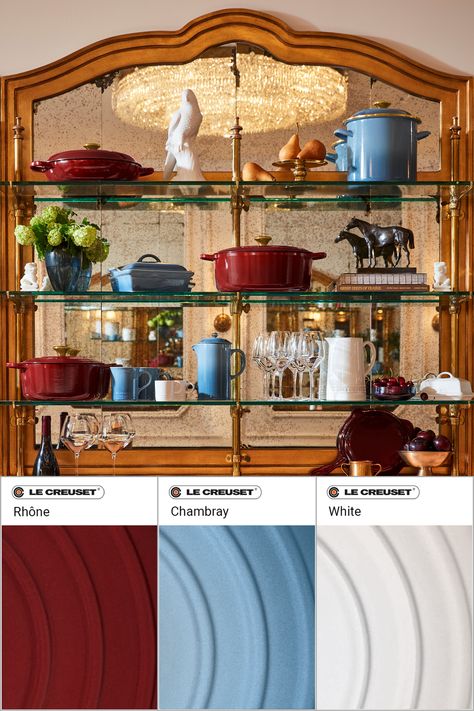 Rhone Le Creuset, Le Creuset Chambray, Le Creuset Colors Combinations, Canada Apartment, Le Crueset, Le Creuset Colors, Pairing Ideas, Pan Organization, Table Making