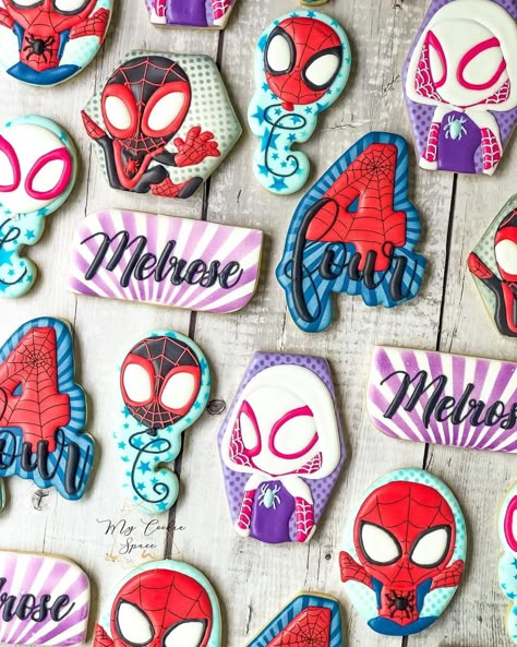 Spider Verse Cookies, Spidey And His Amazing Friends Decorated Cookies, Spidey Birthday Cookies, Spidey And His Amazing Friends Birthday Cookies, Spidey And Friends Cookies Decorated, Ghost Spider Cookies, Spidey And Friends Cookies, Spider Man Cookies Decorated, Spider-man Cookies