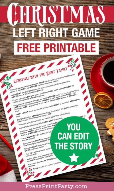 The Left Right Game Christmas Story [FREE Printable] - Press Print Party! Play this fun game at any Christmas dinner event at your table. Great game for families and friends. Only one gift required. Go left, right and across. Editable story. Add your own details. Great for gift exchange. Christmas dinner game Free printable by Press Print Party! Free Left Right Christmas Game, Gift Exchange Story, Christmas Left Right Story, Christmas Dinner Party Games, Left Right Christmas Game, Free Christmas Games, Left Right Game, Big Christmas Gifts, Christmas Gift Exchange Games