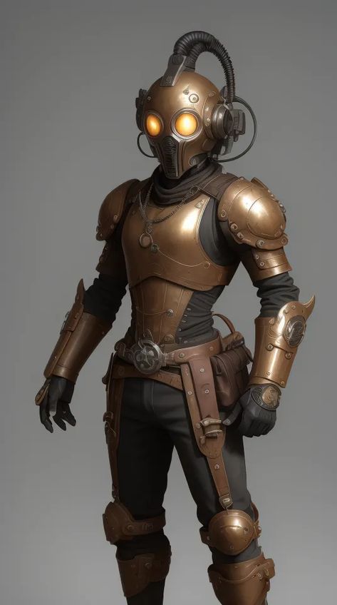 The image shows a steampunk character wearing a copper-colored armor with black clothing underneath. The armor consists of a helmet with two glowing orange lenses, a chest plate, shoulder pads, arm guards, and leg guards. The character also has a belt with a pouch attached to it. They are wearing a pair of black boots and have a pair of goggles on their head. The background is a light gray color. Steampunk Chest Plate, Copper Armor, Anime Steampunk, Steampunk Character, Arm Guards, Chest Plate, Steampunk Lighting, Arm Guard, Light Gray Color