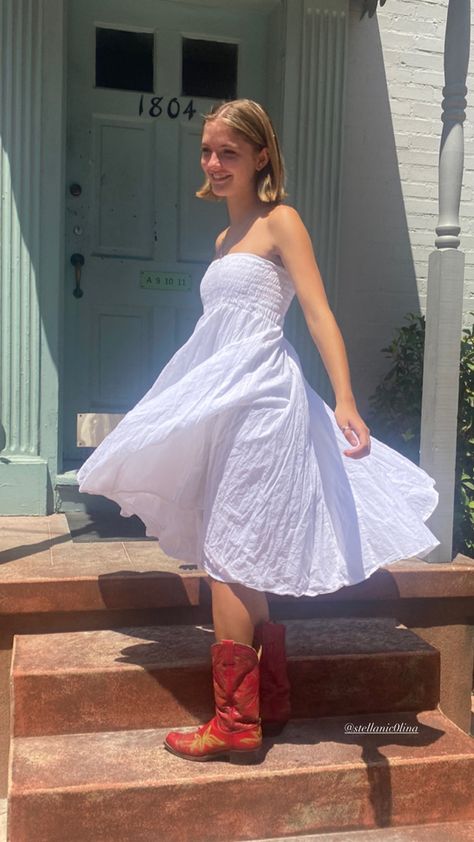 cowboy boots and long white dress Linen And Cowboy Boots, Whitecowboyboots Outfit, White Sundress Cowboy Boots, White Cowboy Boots Wide Calf, White Cowboy Boots Mid Calf, Long White Dress, Cowboy Boots, Dream Wardrobe, Cowboy