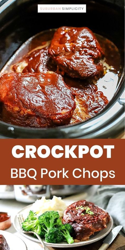 Slow-cooked to perfection, these tangy Crock Pot BBQ Pork Chops are tender and juicy. Enjoy this easy BBQ Pork Chops recipe in your slow cooker any time of the year—they only need 2 ingredients and take minutes to prep! They are perfect with mashed potatoes. Bbq Pork Chops Crock Pot, Bbq Pork Crockpot, Crock Pot Bbq, Pork Chop Recipes Crockpot, Bbq Pork Chops, Cooking Pork Chops, Crockpot Pork Chops, Slow Cooker Pork Chops, Crockpot Pulled Pork