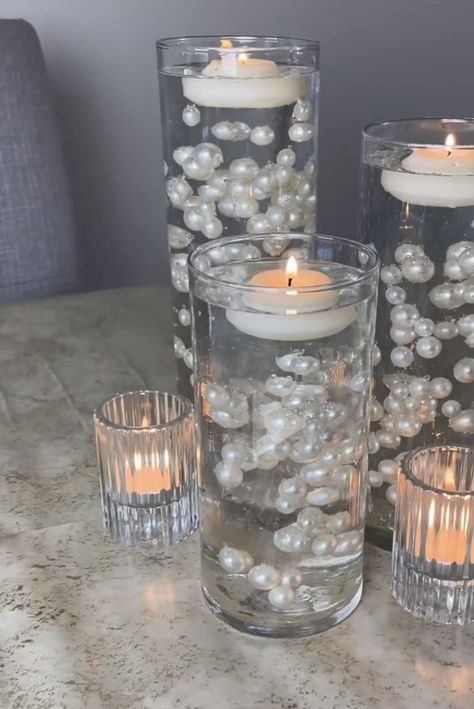 Pearl Candle Centerpiece, Floating Centerpieces, Pearl Bridal Shower, 30th Anniversary Parties, 25th Wedding Anniversary Party, Pearl Centerpiece, Pearl Candle, Floating Candle Centerpieces, Renewal Wedding