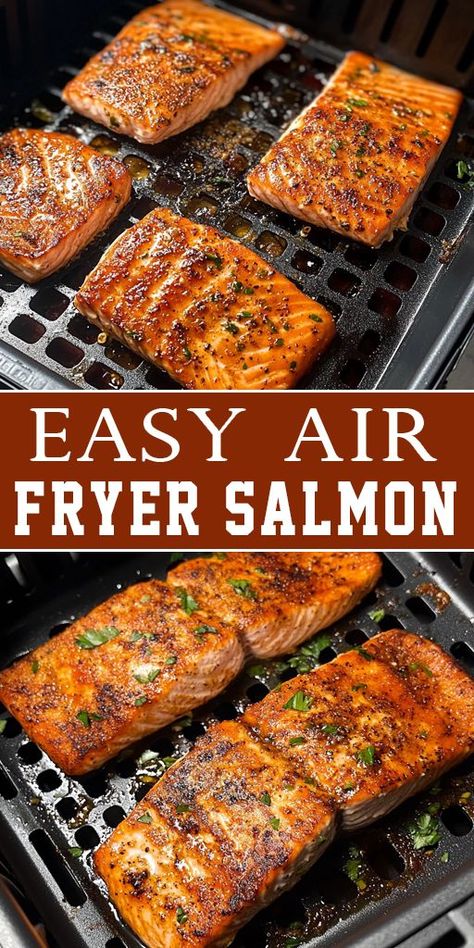 Quick, healthy, and perfectly crispy! This Easy Air Fryer Salmon is the ideal dinner for busy nights. With just a few simple ingredients, you can make juicy, flavorful salmon in no time! 🐟🍴 Perfect for meal prep, low-carb, or keto diets. #AirFryerSalmon #HealthyRecipes #QuickDinner #SalmonRecipe #AirFryerMeals #KetoDinner #MealPrep #EasyRecipes #LowCarbMeals Air Fryer Salmon And Asparagus Recipes, Easy Way To Cook Salmon In The Oven, Air Fryer Fresh Salmon Recipes, Airfryer Frozen Salmon, Salmon In Ninja Air Fryer, Keto Salmon Air Fryer, Best Recipe For Salmon, Air Fruer Salmon, Keto Dinner Recipes Salmon