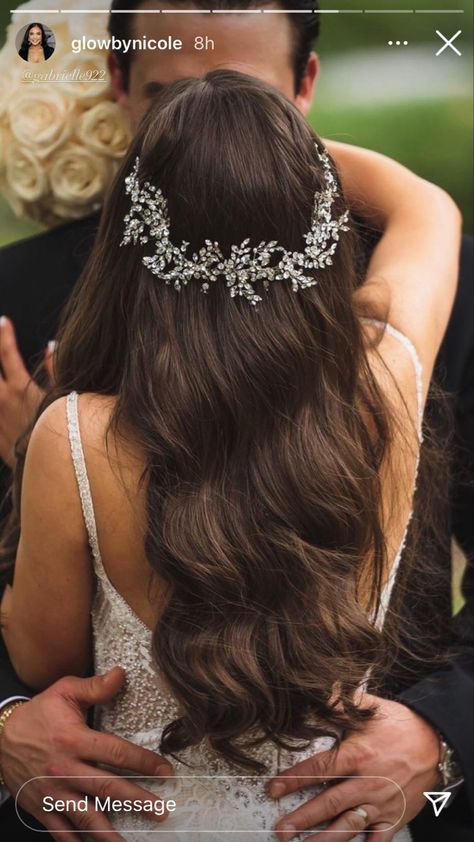 Bride Hair Accessories Down Hairstyles, Wedding Hair Down With Accessories, Flower Behind Ear Wedding Hair, Dark Haired Bride, Bride Headpiece Hair Down, Butterfly Hair Accessories Bridal, Brunette Hair Wedding Styles, Wedding Hairpiece Hair Down, Bride Hair Piece Accessories