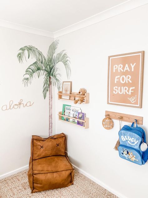 Pray For Surf Bedroom, Surfer Themed Room, Surf Boho Bedroom, Surfer Playroom, Hawaii Themed Nursery, Surfer Toddler Room, Beach Themed Playroom, Toddler Ocean Room, Surf Playroom