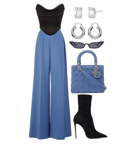 Wide Leg Pants Dinner Outfit, Corset Top With Wide Leg Pants, Blue Outfit Fancy, Corset With Wide Leg Pants, Corset Top Dinner Outfit, Corset And Wide Leg Pants Outfit, Black Corset Top Outfit Classy, Outfit With Blue Heels, Outfits With Black Corset