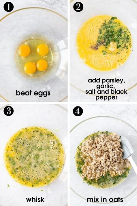 These delicious savory oatmeal bars are made with just six simple ingredients. Easy to make by soaking rolled oats in water, then adding eggs, parsley, minced garlic, salt and pepper to them, and baking for 30 minutes. Breakfast or snack any time. Oat With Egg, Eggs And Oats Recipe, Oatmeal Salty Recipes, Egg Oats Breakfast, Savory Rolled Oats Recipe, Oats Savoury Recipes, Oats And Eggs Breakfast, Savory Oatmeal Bake, Oatmeal And Eggs Breakfast