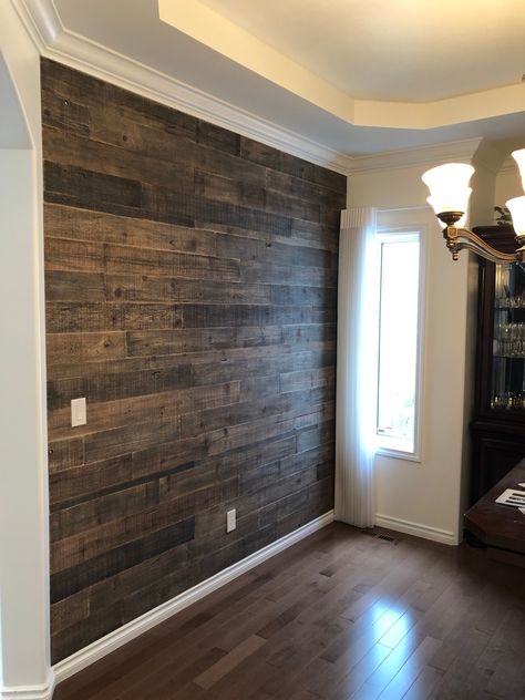 Real Wood Accent Wall, Hardwood Wall Ideas, Wood Wall Penling, Barnwood Walls Living Room, Wood Wall In Living Room, Tv Accent Wall Wood, Dark Wood Shiplap Wall, Horizontal Wood Wall Interior, Wood Walls Living Room Rustic