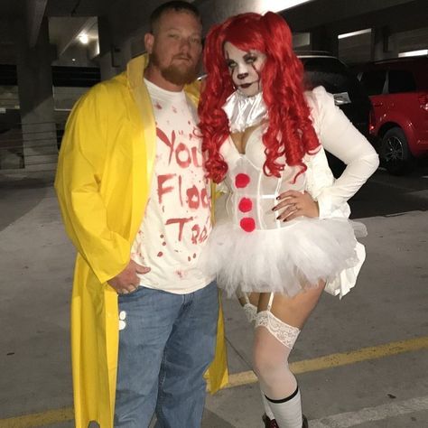 Sexy female pennywise and Georgie couples costume Penny Wise Couple Costume, Female It Costume, Penny Wise And Georgie Costume Couple, Georgie Costume It Women, Pennywise Diy Costume Women, Penny Wise And Georgie Costume, Diy Pennywise Costume For Women, Pennywise Costume Female Diy, It Costume Clown Women