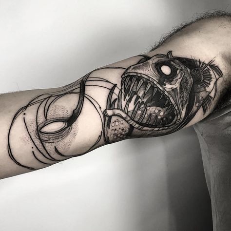 Zombie Fish Tattoo, Angler Fish Skeleton Tattoo, Deep Sea Tattoo Ideas, Anglerfish Tattoo, Angel Fish Tattoo, Deep Sea Tattoo, Sea Animals Tattoo, Sea Animal Tattoos, Doom Tattoo