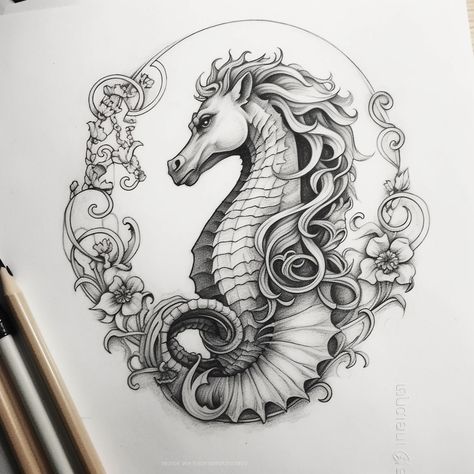 Hippocampus Mythology, Seahorse Tattoo Design, Nautical Drawing, Ocean Sleeve Tattoos, Karma Tattoo, Badass Drawings, Seahorse Tattoo, Greek Mythology Tattoos, Mythology Tattoos