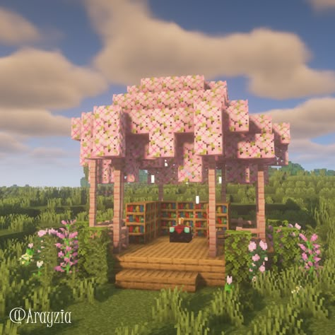 Cute Minecraft Ideas Outside, Cherry Blossom Enchantment Room, Minecraft Wells Designs Cute, Cute Minecraft Date Builds, Minecraft Enchanting Gazebo, Minecraft Cherry Blossom Lamp Post, Outside Enchanting Area Minecraft, Pink Gazebo Minecraft, Pink Horse Stable Minecraft