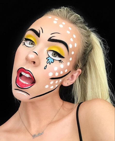 Pop Art Barbie Makeup, Comic Book Makeup Halloween, Mens Pop Art Makeup, Pop Art Makeup Easy, Halloween Costumes Comic Pop Art, Pop Comic Makeup, Halloween Pop Art Makeup, Comic Strip Makeup, Comic Book Pop Art Makeup