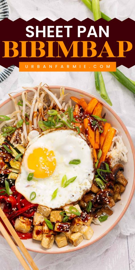 This sheet pan bibimbap is the easiest way to bring some serious flavor to a weeknight dinner. It’s packed with crispy tofu, fried eggs, and vibrant roasted veggies, all drizzled with those classic Korean flavors I love. Plus, it all comes together on one pan in just 35 minutes, making dinner feel a little extra without the effort! Sheet Pan Bi Bim Bap, Sheet Pan Bibimbap, Bibibop Bowls Recipe Copycat, Bibibop Bowls Recipe, Tofu Lunch Ideas, Easy Bibimbap, Vegetarian Bibimbap, Korean Veggies, Korean Vegetarian Recipes