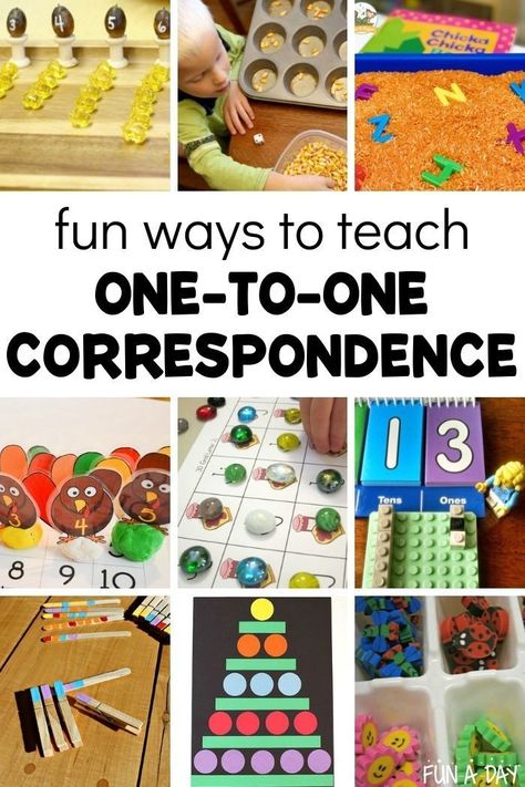 10 + creative ways to teach one-to-one correspondence. Each of these activities is a meaningful and playful way to teach this important math concept. While this is a crucial math skill, it’s also important in literacy too! Great for preschool. Infant Math Activities Ideas, One To One Counting Activities, Math And Literacy Activities Preschool, Teaching 1 To 1 Correspondence, Preschool One To One Correspondence, Play Based Math Activities For Preschool, Math Skills Preschool, One To One Correspondence Activities Preschool, 1:1 Correspondence Kindergarten