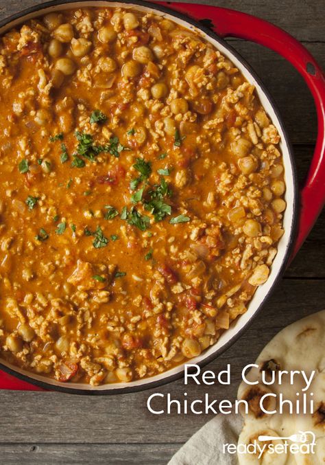 Ground chicken, chickpeas and tomatoes are simmered in a flavorful blend of red curry paste, coconut milk and robust Indian spices for a twist on chili Curry Chili Recipes, Chickpeas And Tomatoes, Unique Chili, Unique Chili Recipes, Chicken Chickpeas, Curry Chili, Red Chili Paste, Red Curry Chicken, Ready Set Eat