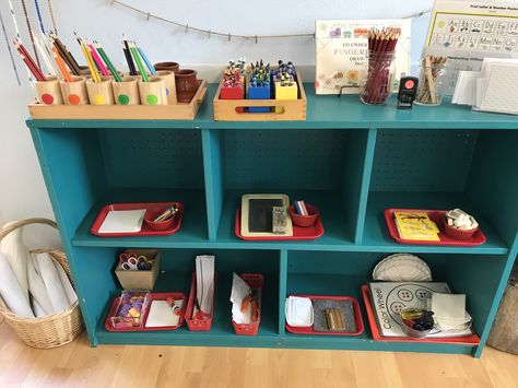 Art Shelves Preschool, Preschool Art Shelf Ideas, Preschool Art Shelf, Art Shelf Organization Preschool, Montessori Art Shelf, Art Shelf Montessori, Montessori Art Shelf Preschool, September Montessori Shelves, Montessori Math Shelf Shelves