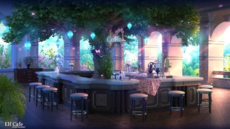 ArtStation - elf cafe, wl 555 Coffee Shop Ambience, Relaxing Nature, Fantasy Shop, Anime Places, Fantasy Rooms, New Retro Wave, Fantasy Background, Scenery Background, Cafe Art