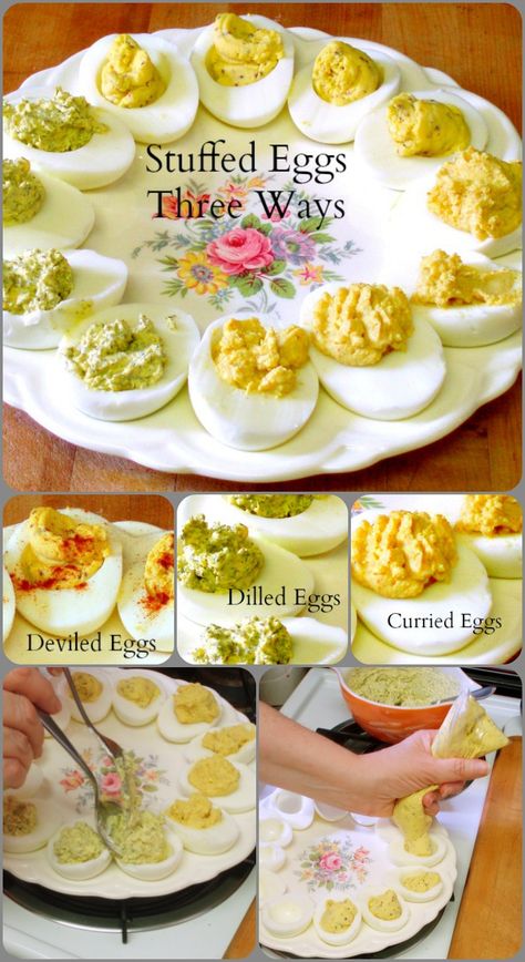 Three different recipes for stuffed eggs - perfect for using Easter Eggs, serving on a buffet, or taking to a potluck! Stuffed Eggs Appetizers, Stuffed Eggs Recipe, How To Display Deviled Eggs, Stuffed Eggs, Tulip Deviled Eggs Recipe, Easter Delived Eggs, Elevated Deviled Eggs, Fancy Deviled Eggs Twists, Easter Food Appetizers