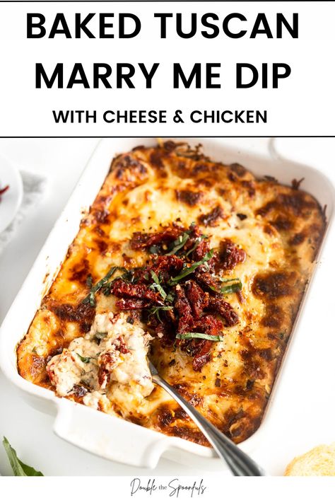 This baked Tuscan chicken dip is a shareable and extra cheesy version of the herby sun dried tomato dish sometimes known as marry me chicken! It's ready in just 4 steps and is a super delicious dip best served with crusty bread slices or pita chips for dipping! Chicken Parm Dip, Marry Me Chicken Dip, Nashville Chicken Dip, Dips With Chicken In It, Chicken Fajita Dip, Warm Chicken Dip, Canned Chicken Dip, Shredded Chicken Dip, Chicken Dips Recipes Easy